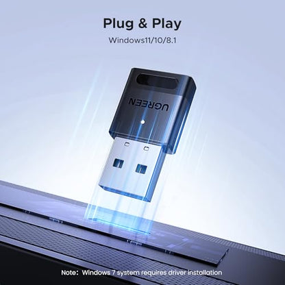 UGREEN PC 블루투스 5.4 동글 수신기 EDR 및 BLE용 USB 블루투스 어댑터, 플러그 앤 플레이 윈도우 11/10/8.1 지원, 데스크톱, 노트북, 헤드폰, 키보드, 마우스, 스피커, 프린터용 - size: Small
