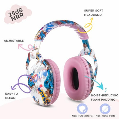 Kids Ear Protection Safety Ear Muffs, NRR 25dB Noise Reduction Children Earmuffs, Hearing Protectors for Sleeping, Studying, Airplane, Concerts, Fireworks-Dinosaur with Pink Band - color: Pink Band Dinosaur