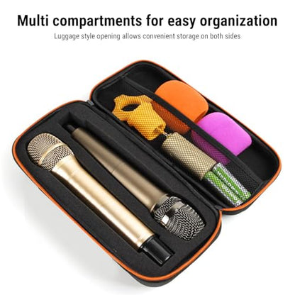 Hard Shell Dual Microphone Case - Protective Carrying Case Shockproof Travel Bag for 2 Wireless Mics, Padded Handheld Mic Storage with Handle, Mesh Pockets