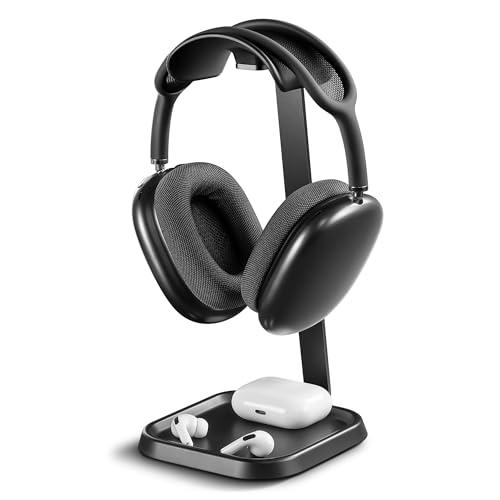 Headphone Stand, Curved Headset Stand with Storage Tray, Gaming Headset Holder for AirPods Max, AirPods Max 2, AirPods, AirPods Pro, Beats, Bose, Sony and More (Black) - color: Black