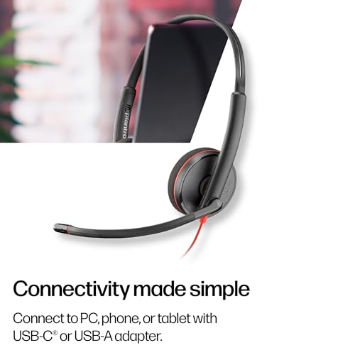 Poly Blackwire 3220 Wired Headset with Mic, Hi-Fi Stereo Sound, Noise-Canceling Mic, Stereo Design, Connect to PC via USB-C & USB-A Adapter, Over-Ear Design, Works with Virtual Meeting Platforms - style: 2023 Version (USB-C & USB-A)