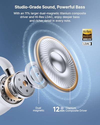 EarFun Clip 2 Open Ear Earbuds, Clip On Headphones, LDAC, Hi-Res Audio, 12mm Titanium Driver, 4 Mics AI Clear Call, AI Translation Earbuds, Secure Fit, 40H Playtime, Bluetooth 6.0 for Running, White - color: White