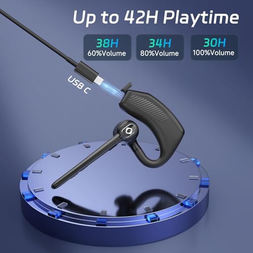 Wireless Headset Bluetooth Earpiece with Dual Noise Canceling Single Earbud | Hands Free Headphones Ear Earphone Over Ear Earbud for iPhone Samsung Android Cellphones TV PC Trucker Game Work Driving