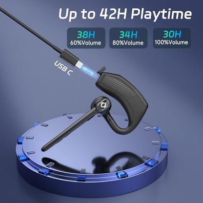 Wireless Headset Bluetooth Earpiece with Dual Noise Canceling Single Earbud | Hands Free Headphones Ear Earphone Over Ear Earbud for iPhone Samsung Android Cellphones TV PC Trucker Game Work Driving