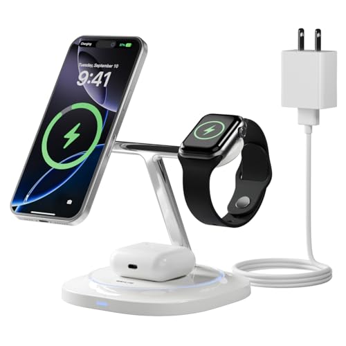 3 in 1 Magnetic Wireless Charger for Apple - Fast Charging Station Compatible with MagSafe for iPhone17-12, Apple Watch& AirPods, Phone and Watch Charger Stand for Desktop Bedside Nightstand (White) - color: White