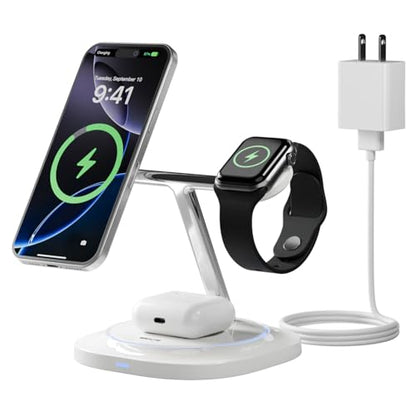 3 in 1 Magnetic Wireless Charger for Apple - Fast Charging Station Compatible with MagSafe for iPhone17-12, Apple Watch& AirPods, Phone and Watch Charger Stand for Desktop Bedside Nightstand (White) - color: White