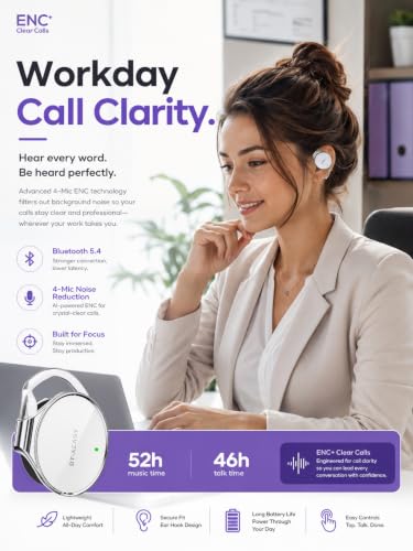 On Ear Headphones Bluetooth 5.4, Noise Cancelling Open Ear Headphones Wireless, Water-Drop Shaped Clip On Sport Headset Bluetooth with 4 Microphone, Comfort Fit Earphones with Long Battery Life - color: white-silver-white