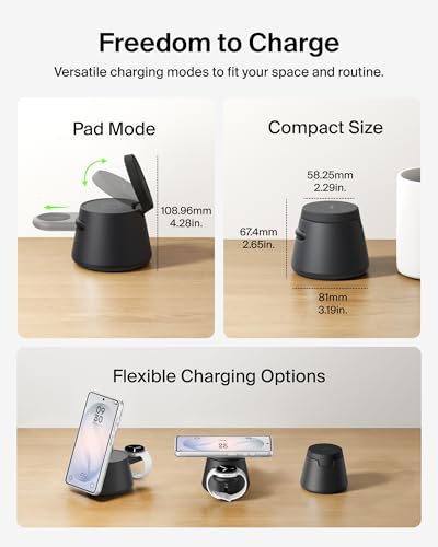 Belkin Qi2.2 25W Magnetic Wireless Charging Station, 3 in 1 Samsung Charger | Fast Charging, MagSafe Compatible, Samsung Galaxy S26, Android Charger, Pixel 10, iPhone 17/16/15, Apple Watch, AirPods - color: Black
