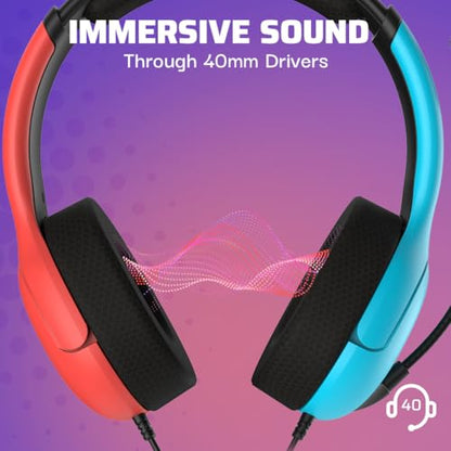 PDP Gaming LVL40 Airlite Stereo Headset for Nintendo Switch/Lite/OLED - Wired Power Noise Cancelling Microphone, Lightweight Soft Comfort On Ear Headphones (Mario Neon - Red & Blue) - color: Blue & Red