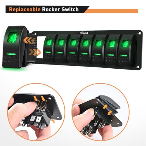 Nilight 8 Gang Rocker Switch Panel 5Pin On Off Toggle Switch Aluminum Holder 12V 24V Dash Pre-Wired Green Backlit Switches for Automotive Cars Marine Boats RVs Truck, 2 Years Warranty - color: Green, size: 8 Gang