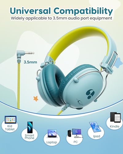 awatrue Kids Headphones, 74/85dB Volume Limiter, 3.5mm Jack Green HK05 - color: Green-Yellow