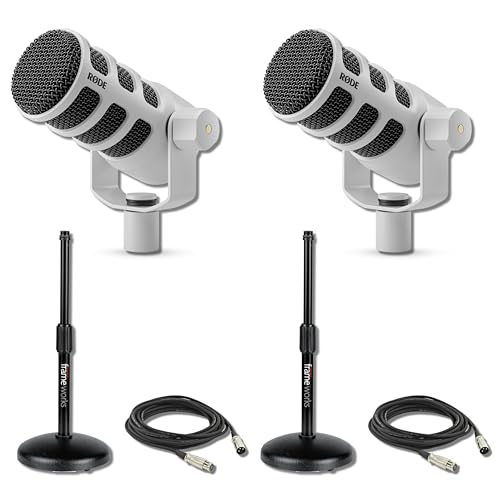 Rode PodMic White (Pair) Cardioid Dynamic Broadcast Microphones with 2X Round Base Desktop Mic Stands and 2X XLR Cables