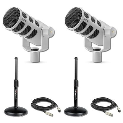 Rode PodMic White (Pair) Cardioid Dynamic Broadcast Microphones with 2X Round Base Desktop Mic Stands and 2X XLR Cables