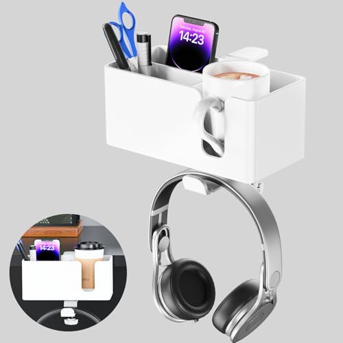 Desk Cup Holder Clamp with Headphone Hanger and Storage Tray | Clamp on design, rotating headphone hanger, detachable storage tray, cable holes, fits 5-50mm desks - color: White