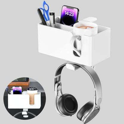 Desk Cup Holder Clamp with Headphone Hanger and Storage Tray | Clamp on design, rotating headphone hanger, detachable storage tray, cable holes, fits 5-50mm desks - color: White