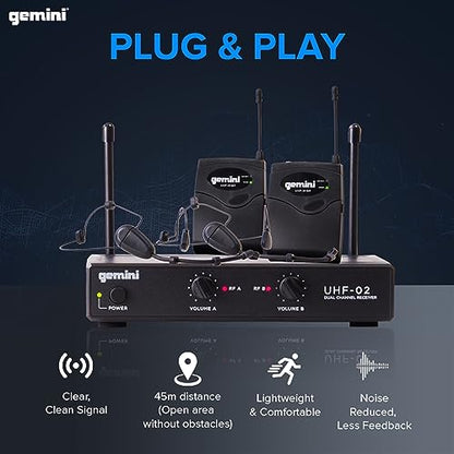 Gemini Dual-Channel UHF Headset & Lapel Mic System (UHF-02HL-S34) | Dual-channel UHF headset & lapel mics - 150 ft range - dual volume rotaries - auto-pair, 2 headsets