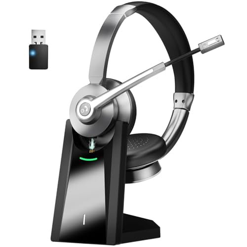 Earbay Wireless Headset - Bluetooth Headphones with Microphone Noise Canceling & Mute, Bluetooth Headset with USB Dongle/Charge Dock for PC Computer Cell Phone Work Office Meetings Call Teams