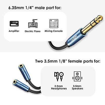 MillSO 6.35mm 1/4 Male to Dual 3.5mm 1/8 Female Headphone Adapter 12 inch