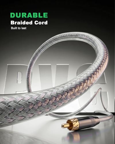 RCA to RCA Cable 6ft/1.8m, Hi-Fi and Audiophile Digital Coaxial RCA to RCA Audio Cable/Premium Copper Core/Transparent PVA/Braided Shielded/Gold-Plated for Home Theater/Amplifier/Soundbar 2PCS