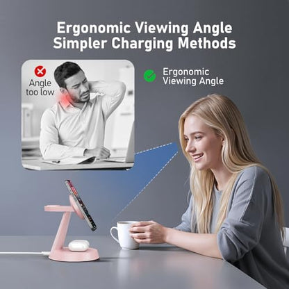 Charging Station 3 in 1 Wireless Charger for Apple Devices, 15W MagSafe Stand Compatible with iPhone 17 16 15 14 13 12 Pro Max Plus, Charging Dock for AirPods 4 3 2 & iWatch Series (Pink-1) - color: Pink-1