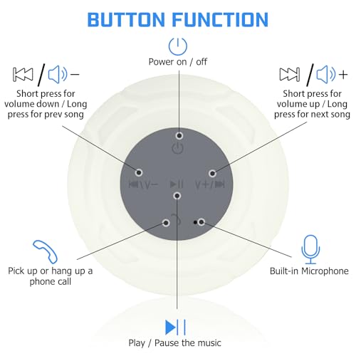 Waterproof Bluetooth Shower Speaker Portable Wireless Water-Resistant Speaker Suction Cup,Built-in Mic Gifts for Kids Speakerphone for iPhone Phone Tablet Bathroom Kitchen - White - color: White