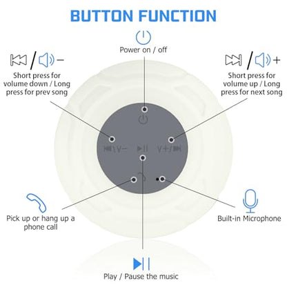 Waterproof Bluetooth Shower Speaker Portable Wireless Water-Resistant Speaker Suction Cup,Built-in Mic Gifts for Kids Speakerphone for iPhone Phone Tablet Bathroom Kitchen - White - color: White