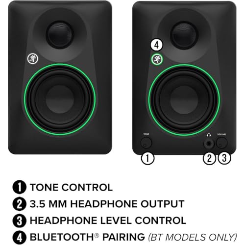 Mackie CR3.5 Creative Reference Powered 3.5" Studio Monitors Pair Black Bundle with Hosa Stereo 1/4" Male Phone to 1/4" Male Phone TRS Cable 10, Auray IP-S Isolation Pad for Studio Monitor (2-Pack)