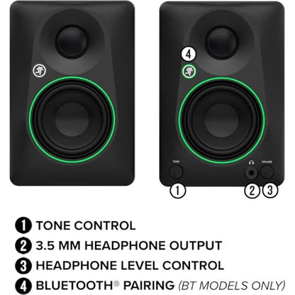 Mackie CR3.5 Creative Reference Powered 3.5" Studio Monitors Pair Black Bundle with Hosa Stereo 1/4" Male Phone to 1/4" Male Phone TRS Cable 10, Auray IP-S Isolation Pad for Studio Monitor (2-Pack)