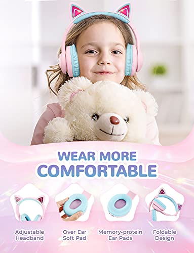 Cat Ear Bluetooth Headphones by iClever | SafeSound Tech, 50H Playtime, USB C Charging, AUX Cable, Stereo Sound, Kids Headphones Wireless with Mic for Tablet, Pink - color: Pink