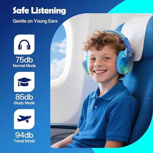 QearFun Kids Bluetooth Headphones, 60H Playtime, 74/85/94dB Volume Limit | For school, tablet, travel, kids wireless headphones feature HD mic, fast charging, foldable design, boys girls, wired mode - color: Blue
