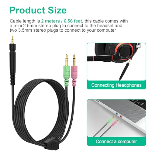 GSP 600 Replacement Cable Compatible with Sennheiser Game Zero, Game One, PC 373D, GSP 350, GSP 500, GSP 600, GSP 670, G4ME One Gaming Headset, 6.56ft
