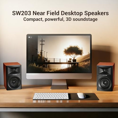 Sanyun SW203 3" 2.0 Computer Speakers, Expanded Stereo Field, Triple-DSP | Built-in 24bit DAC, USB-C/Bluetooth 5.4/AUX, 60W Carbon Fiber Woofer & Silk Dome Tweeter, for Desktop PC Gaming (Pair, Red) - color: Red