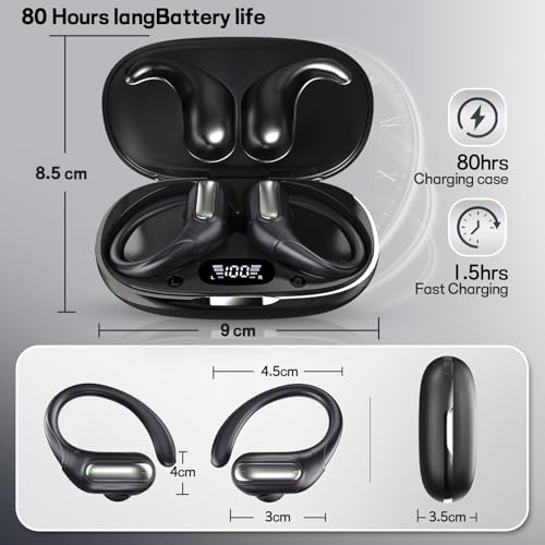 Wireless Sports Earhook Earbuds, Sweatproof Secure-Fit Bluetooth 6.0 Headphones with Hi-Fi Stereo Sound, 80H Playtime, Easy Button Control for Running Workout Gym