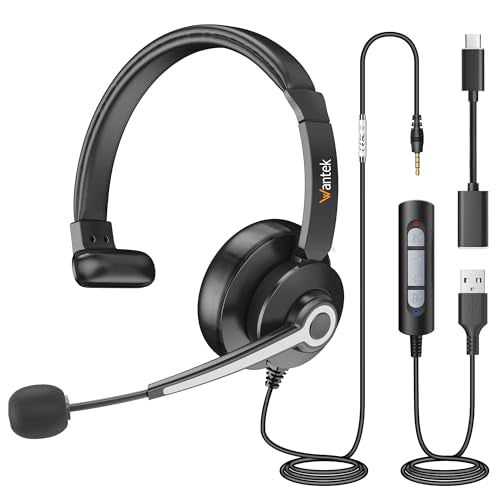 Wantek USB & 3.5mm Headset with Mic for PC/Laptop,Wired Headset with Noise-Cancelling Microphone & Audio Controls Perfect for Home Office Online Class Skype Zoom Call Center Webinar,Monaural - color: USB+3.5mm(Monaural)