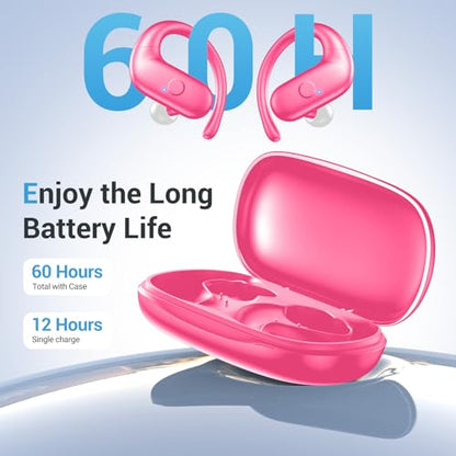 Sport Wireless Earbuds,60Hrs BT5.4 ENC IPX7 Waterproof Earhooks Deep Bass | 14.2mm drivers deliver rich stereo sound. Soft silicone ensures a secure, painless fit for long workouts. - color: Hot Pink