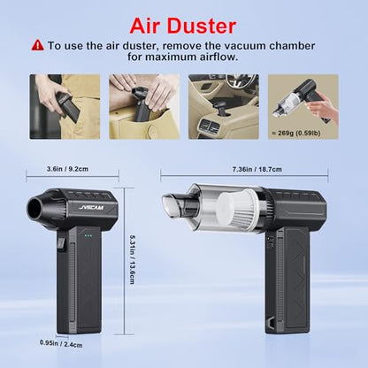 Compressed Air Duster&Vacuum Cleaner, 3-in-1 150000RPM Cordless Air Blower | Car Vacuum Cleaner with Brushless Motor Rechargeable 3-Speed,multiple nozzles for Computer Keyboard Home, Storage Bag Sealing