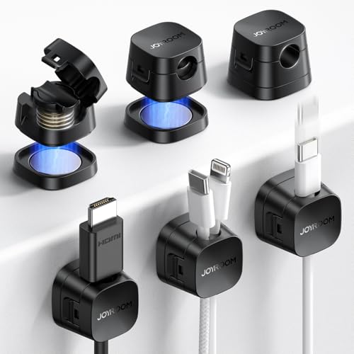 JOYROOM 6-Pack Detachable Magnetic Cord Organizer, Adhesive Cable Clips | Magnetic & Adhesive 2-in-1 Wire Holder for Home Nightstand Office Desk Dorm Essentials, Auto-Fit Spring Lock for All Cables - color: Black
