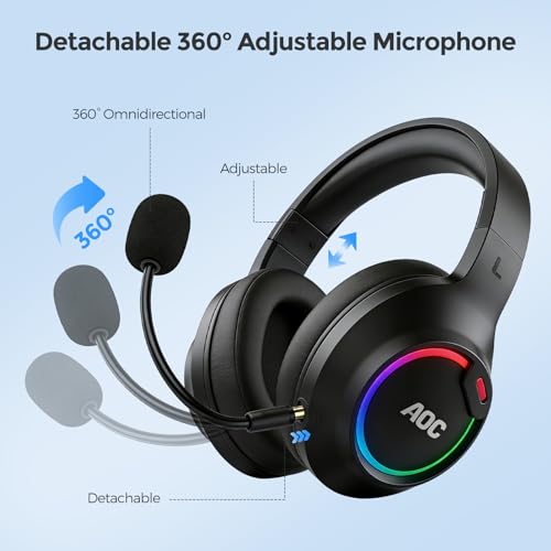 AOC Over-Ear Wireless Gaming Headset with Detachable Noise Cancelling Mic | Bluetooth 6.0 & 2.4GHz, RGB Lighting, Compatible with PS5, PS4, PC, Xbox, Switch