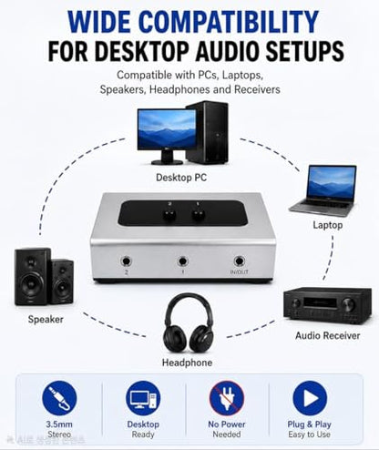 3.5mm Audio Switch, 2 in 1 Out & 1 in 2 Out Audio Selector Switch, Stereo Speaker Switch Box for PC, Laptop, Headphones and Speakers