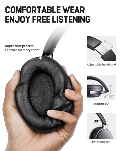 Picun NC60 Hybrid Active Noise Cancelling Headphones, Foldable Wireless Over Ear Bluetooth 5.4 Headphones, 80H Playtime, Transparency Mode, Stereo Bass, Custom EQ via App for Travel Home Black