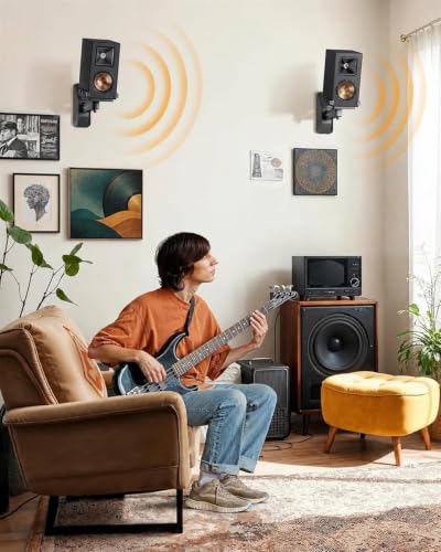 Perlegear Speaker Wall Mounts, Bookshelf Speaker Mounting Brackets with Dual Side Stable Clamp Design, Wide Tilt & Swivel Shelf for Large Surrounding Sound Speakers, Up to 55 lbs, 1 Pair
