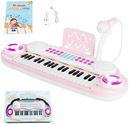 Costzon 37 Keys Electronic Keyboard Piano for Kids, Portable Musical Keyboard with Rhythm Light, Microphone, Recording, Music Stand, 8 Tone Keys, 4 Percussion Instruments (Pink) - style: Pink