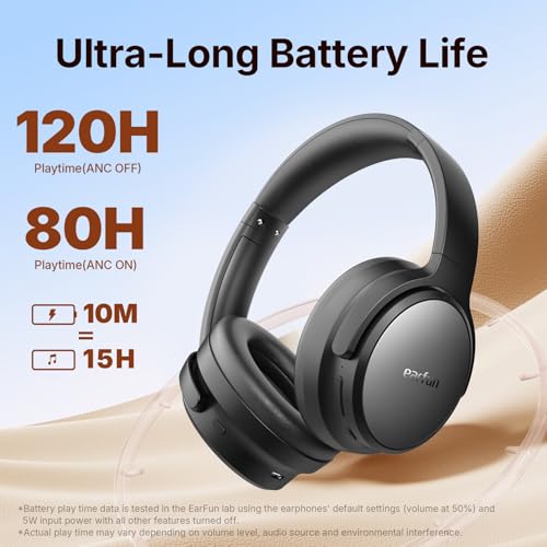 EarFun Tune Pro Active Noise Canceling Headphones, Wireless Headphones | 5 Mics Clear Call, 120H Playtime, Bluetooth 5.4, Hi-Res Audio, Multipoint Connection, Custom EQ via App, Comfortable Fit
