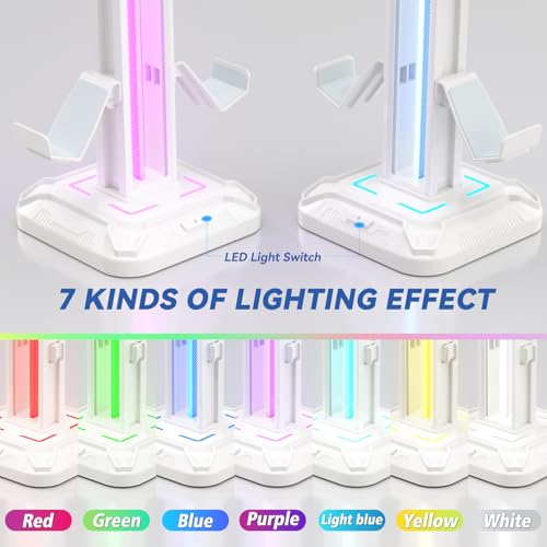 KDD RGB Headset Stand with 9 Light Modes - Controller Holder for Desk - Rotatable Headphone Stand & Detachable Controller Hook for PC Earphone Accessories(White) - color: White