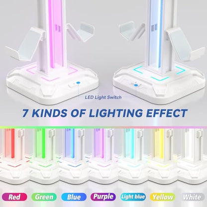 KDD RGB Headset Stand with 9 Light Modes - Controller Holder for Desk - Rotatable Headphone Stand & Detachable Controller Hook for PC Earphone Accessories(White) - color: White