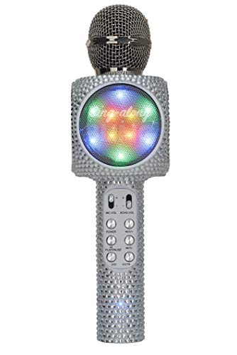 Sing-Along Bling Bluetooth Karaoke Microphone with LED for Karaoke Speaker | Rechargeable Bedazzled Microphone, Wireless Karaoke Microphone with LED Lights, SD Card Slot, Skip Tracks - Confetti Bling - color: Silver Bling