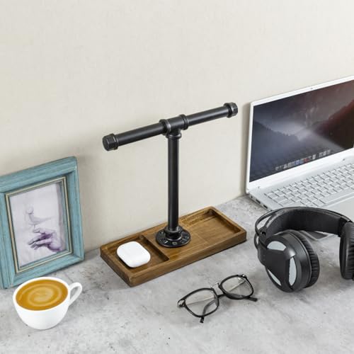 MyGift Premium Acacia Solid Wood and Industrial Black Metal Pipe T-Bar Over Ear Headphones Holder, Tabletop Dual Headphone Display Stand with Accessories Tray - color: Natural Acacia Wood & Black Metal