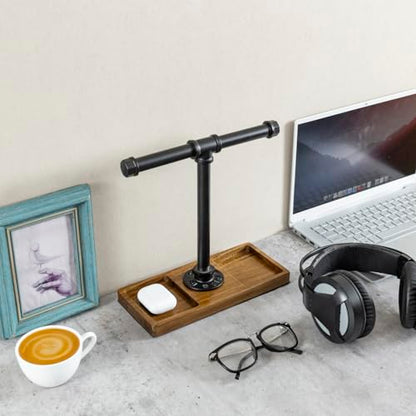 MyGift Premium Acacia Solid Wood and Industrial Black Metal Pipe T-Bar Over Ear Headphones Holder, Tabletop Dual Headphone Display Stand with Accessories Tray - color: Natural Acacia Wood & Black Metal