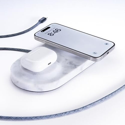 Einova Dual Classic Stone – Dual Wireless Charging Pad in Genuine Marble, Designed in Italy, Integrated 6 ft USB-C Cable, Smartphones, Wireless Earbuds, Smartwatches – White Carrara Marble - color: White Carrara marble – Dual Classic Stone