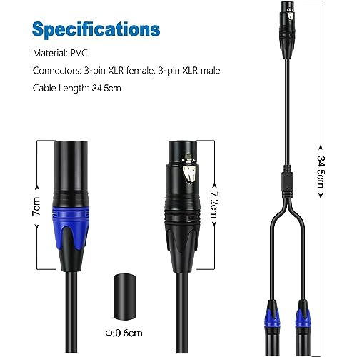 LanSenSu XLR Female to 2 XLR Male Patch Y Cable, Balanced Microphone Splitter Cord, Audio Adaptor, 11.8 Inches (2Pack) - size: 0.983ft-2pack